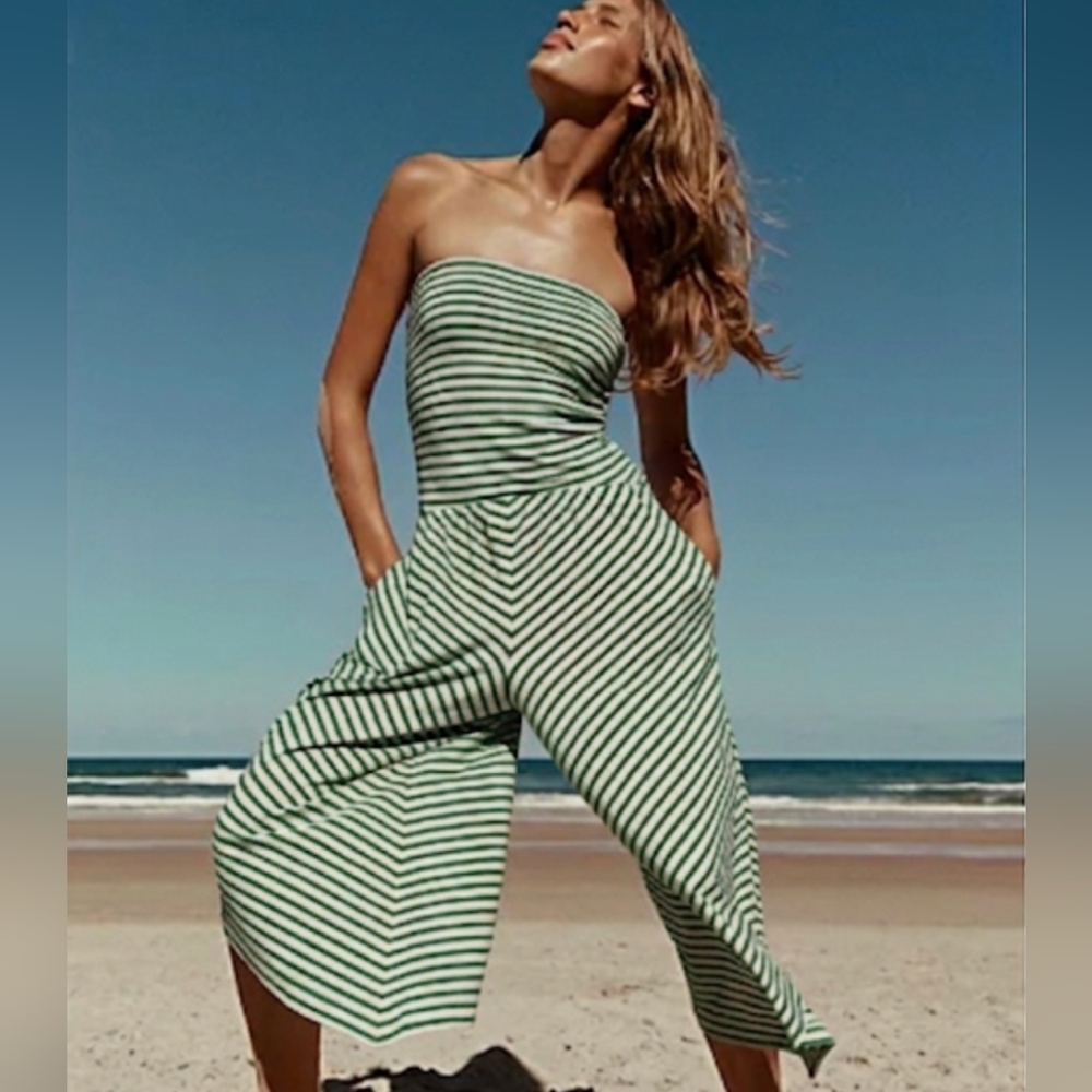 NWOT Striped Green Strapless Wide-Leg Jumpsuit Size S